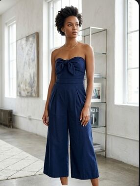 Greylin NEW Anthropology Navy Blue Cotton Wool Blend Wide-Leg Strapless Romper S